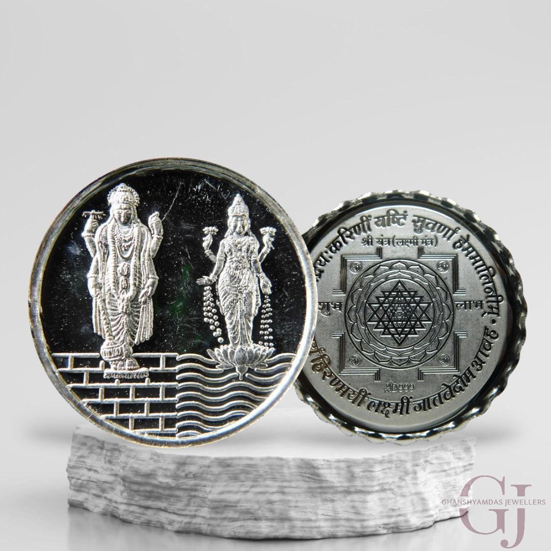 Silver Coin 24KT Purity Round Shape Front side God Vishnu & Lakshmi Standing - Backside Shree Yantra - Ghanshyamdas Jewellers