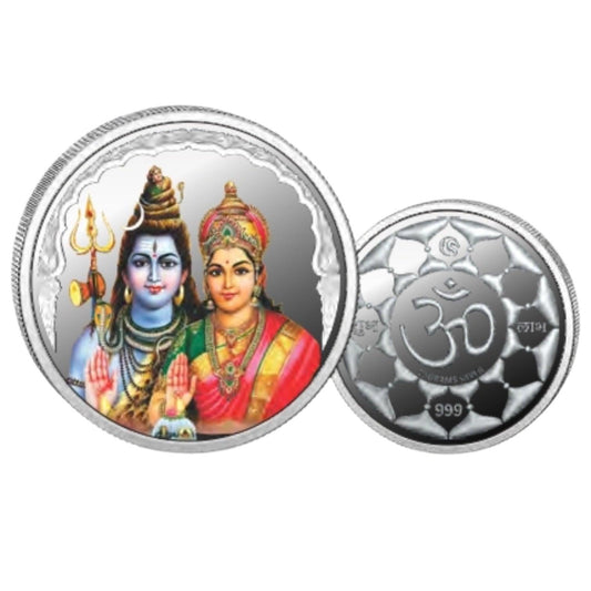 God Shiv Parvati- Color Fine Silver Coin Purity 999 Round Shape - Backside Om