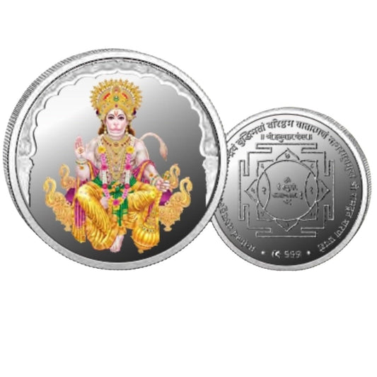 God Hanumanji- Color Fine Silver Coin Purity 999 Round Shape - Backside Yantra