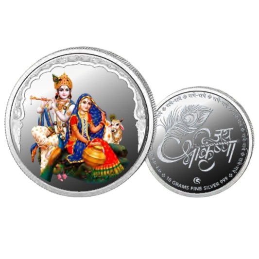 Radha Krishna - Color Fine Silver Coin Purity 999 Round Shape - Backside Jai Shree Krishna