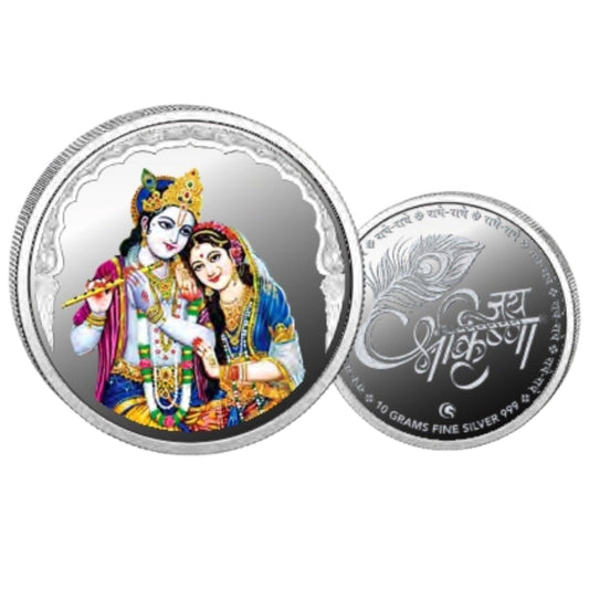 Radha Krishna - Color Fine Silver Coin Purity 999 Round Shape - Backside Jai Shree Krishna