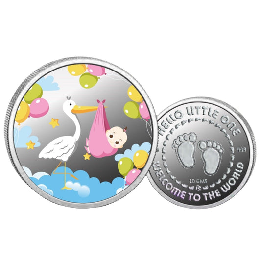 Pink Baby Girl- Color Fine Silver Coin Purity 999 Round Shape - Backside Baby Feet