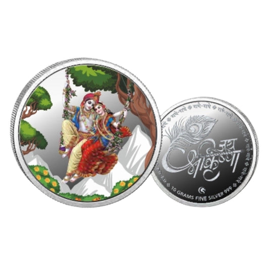 Radha Krishna - Color Fine Silver Coin Purity 999 Round Shape - Backside Jai Shree Krishna