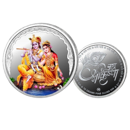 Radha Krishna - Color Fine Silver Coin Purity 999 Round Shape - Backside Jai Shree Krishna