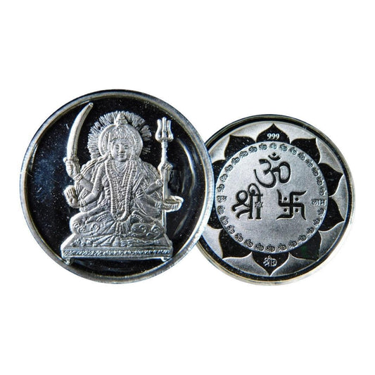 Silver Coin 24KT Purity Round Shape Front side Goddess Shantoshi Mata - Backside Shree Om Swastik - Ghanshyamdas Jewellers