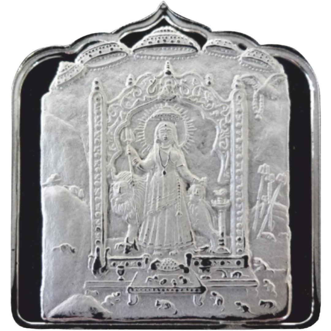 Silver Coin 24KT Purity House Shape Front side Goddess Karani Mata - Backside Plain - Ghanshyamdas Jewellers