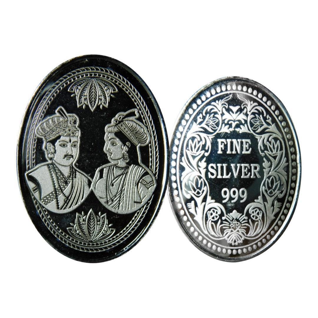 Silver Coin 24KT Purity Oval Shape Front side Raja Rani - Backside Fine Silver - Ghanshyamdas Jewellers