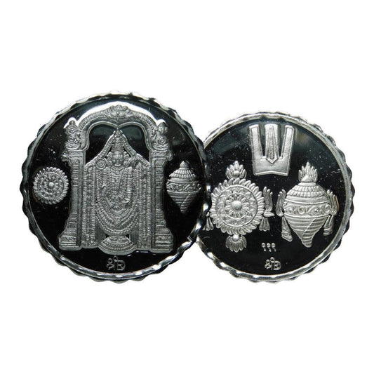 Silver Coin 24KT Purity Round Shape Front side God Balaji - Backside Shankh Chakra Tilak - Ghanshyamdas Jewellers