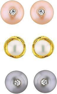 White, Gray & pink pearl earrings with shiny look - Ghanshyamdas Jewellers